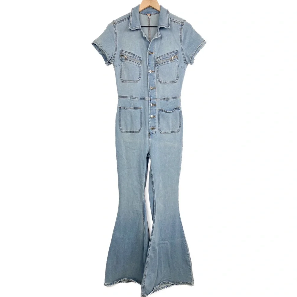 Free People Hearts Beat Fitted Flare Denim Coverall Jumpsuit in Sunbath Blue - S - Picture 4 of 10